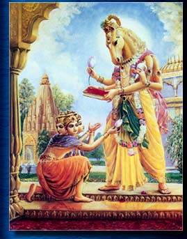 Caturmukhi Lord Brahma recieves the Vedic knowledge (including Jyotish) from the Hayagriva incarnation of Lord Krsna.  Image copyright: The Bhaktivedanta Book Trust -- www.Krishna.com