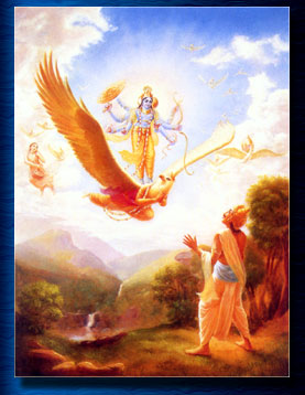 Lord Narayana mounted on Garuda appears before Prajapati Daksa. Srimad Bhagavatam. Image copyright: The Bhaktivedanta Book Trust -- www.Krishna.com