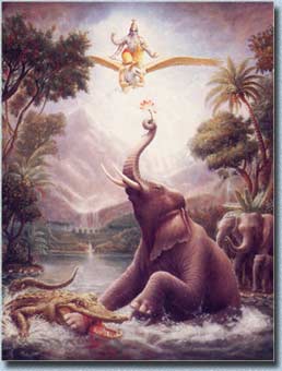 Lord Visnu delivers His devotee King Indradyumna who was forced to take the body of an elephant after being cursed by a sage. Image copyright: The Bhaktivedanta Book Trust--www.Krishna.com