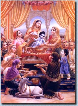 Mother Yashoda and the other senior gopis perform the auspicious abhiseka of Lord Krsna while Brahmanas chant Vedic mantras. Srimad Bahagavatam 10th canto.  Image copyright: The Bhaktivedanta Book Trust--www.Krishna.com