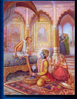 Lord Krsna lovingly washes the feet of his pure devotee, the humble brahmana Sudama Vipra. Srimad Bhagavatam 10th canto. Image copyright: The Bhaktivedanta Book Trust--www.Krishna.com